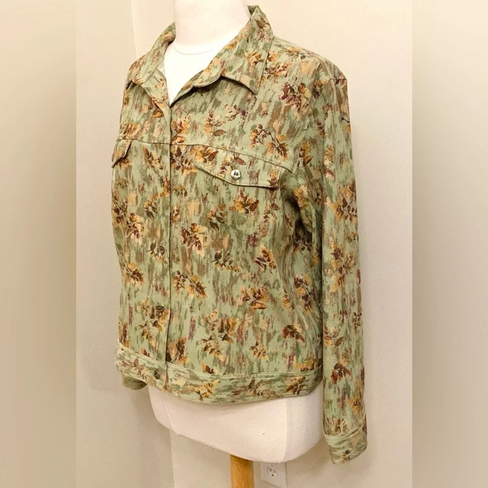 Christopher & Banks Stretch Green Brown Leaf L Cottagecore Grandma Chic Jacket